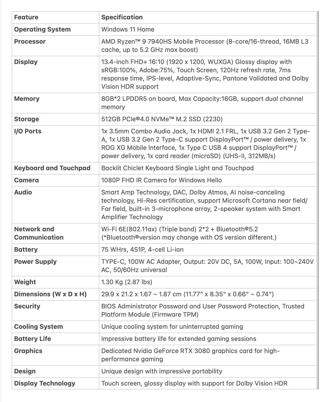 Asus ROG Flow X13 Features